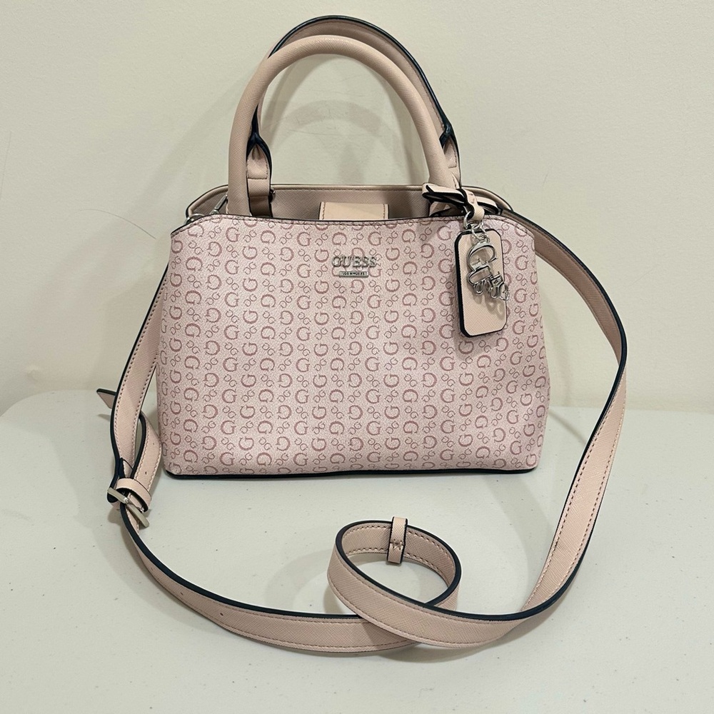 GUESS Light Pink Logo Satchel Handbag W/ Removable Crossbody Strap Faux Leather‎